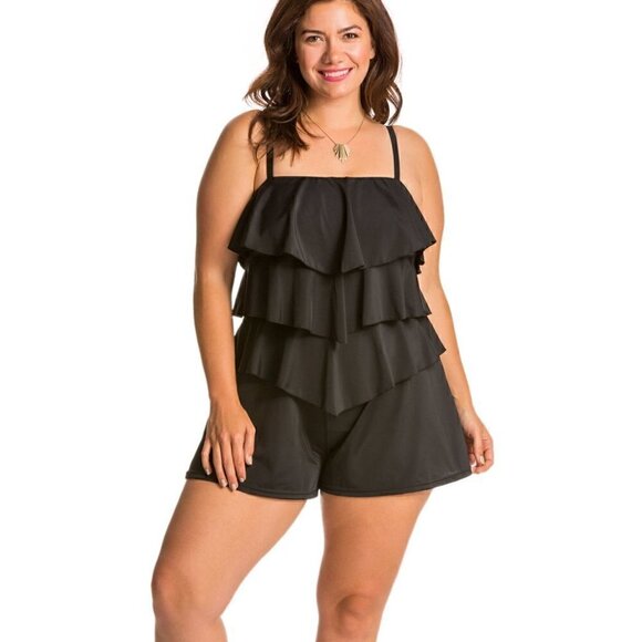 Fit 4 U Hi-Neck Double Tiered Romper Swimsuit - Black Size 20W - Picture 3 of 10